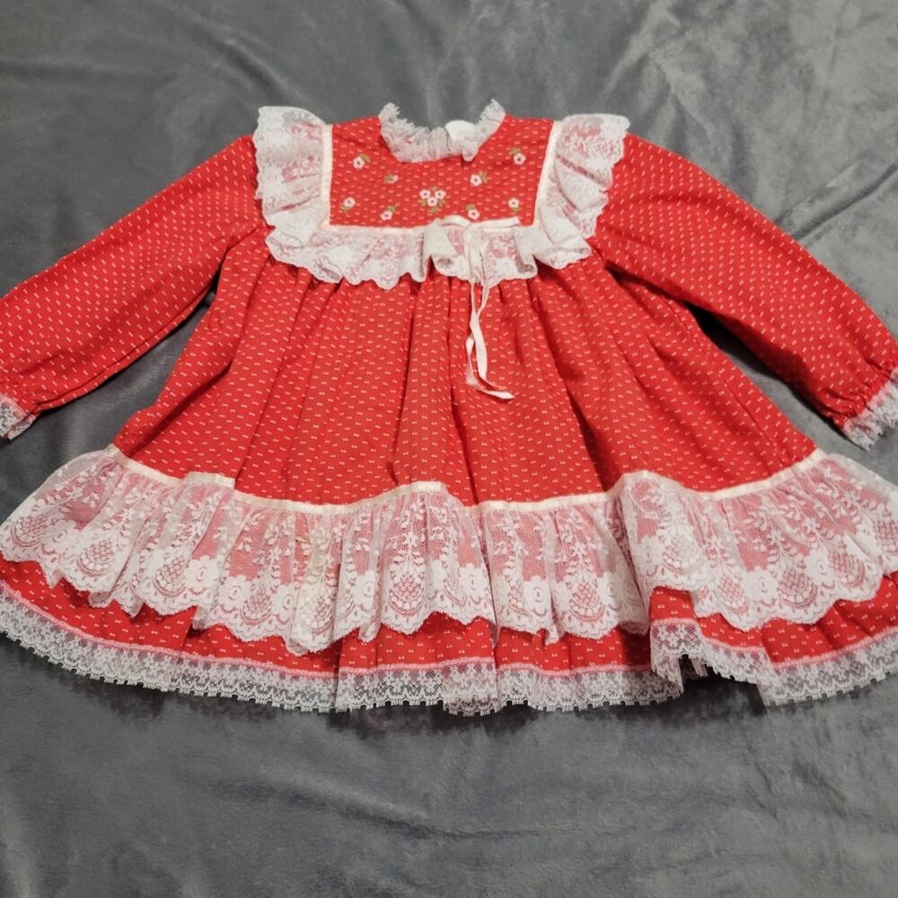 Vtg Fayette Dress Girls Size 3 Red Floral Embroidered Lace Polka Dot Long Sleeve